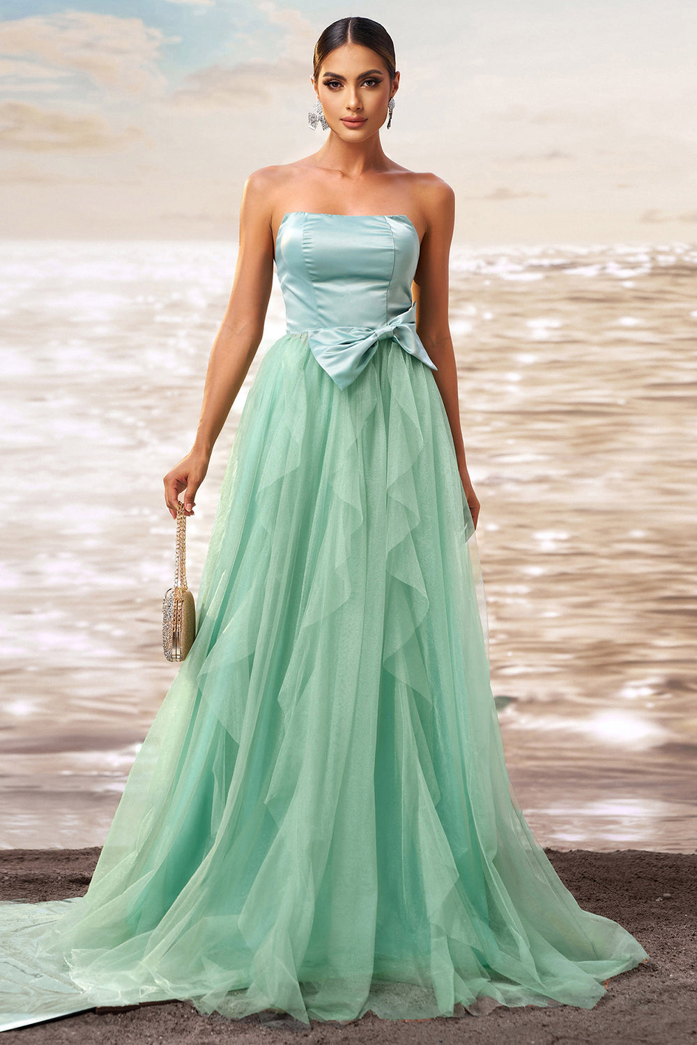 Green A Line Strapless Tulle Maxi  Ruffled Prom Dress with Bow