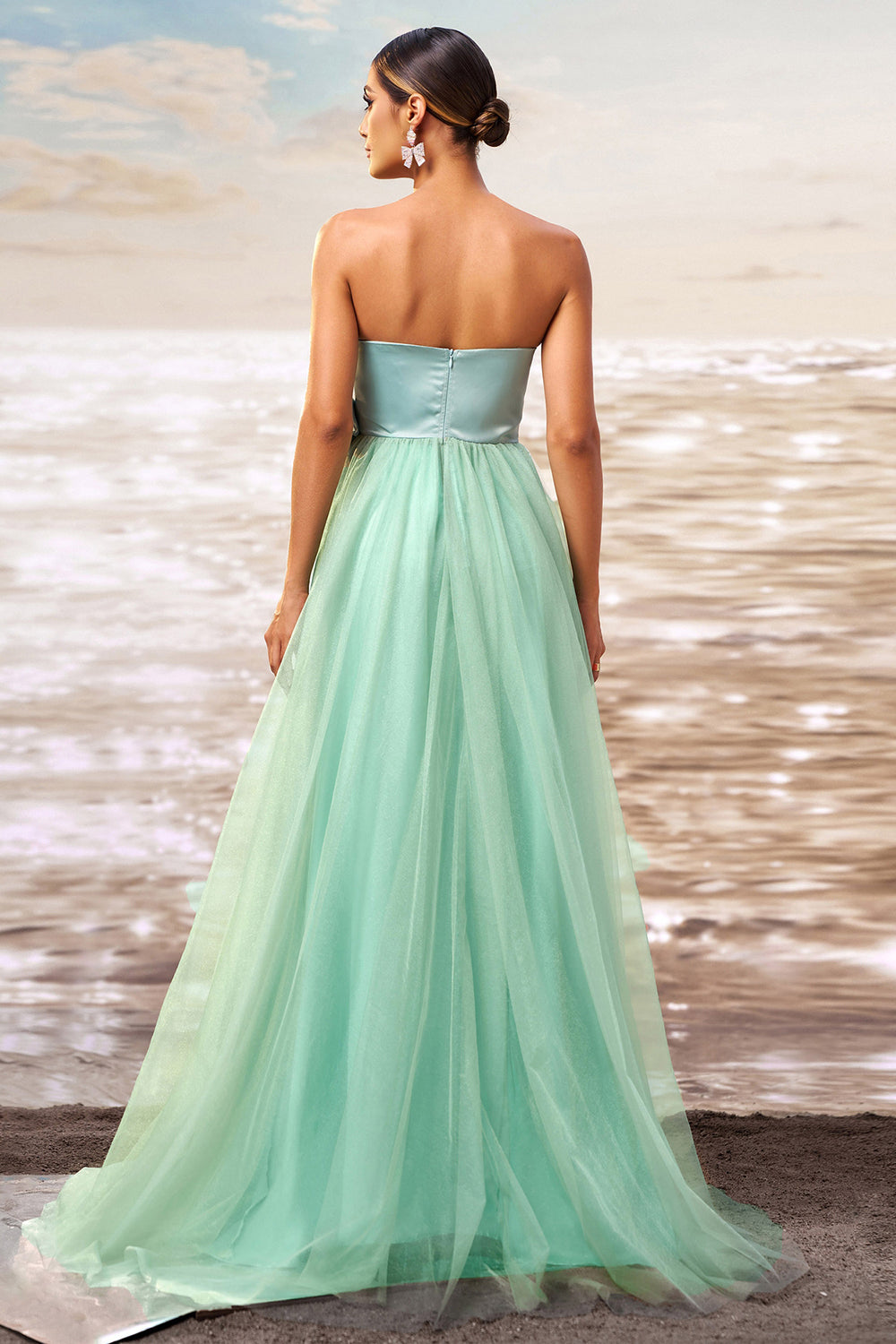 Green A Line Strapless Tulle Maxi  Ruffled Prom Dress with Bow