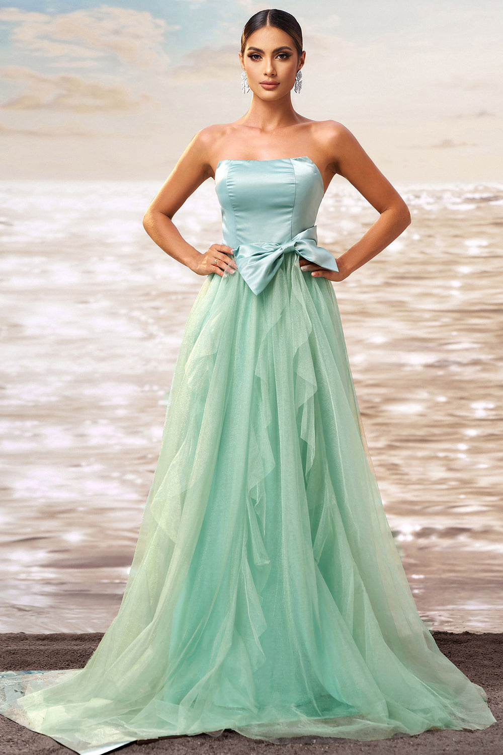 Green A Line Strapless Tulle Maxi  Ruffled Prom Dress with Bow