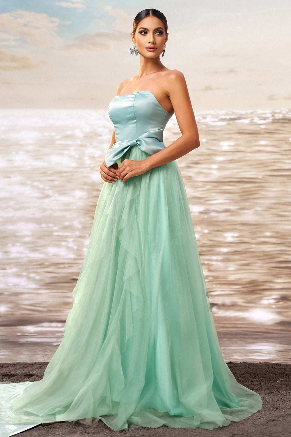 Green A Line Strapless Tulle Maxi  Ruffled Prom Dress with Bow