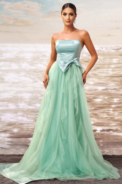 Green A Line Strapless Tulle Maxi  Ruffled Prom Dress with Bow