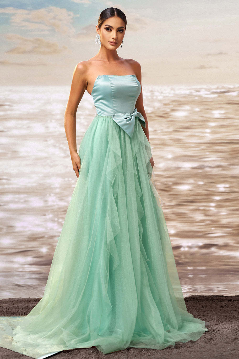 Green A Line Strapless Tulle Maxi  Ruffled Prom Dress with Bow