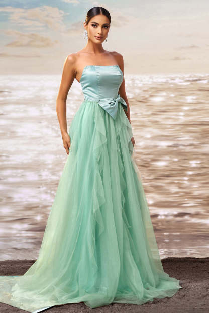 Green A Line Strapless Tulle Maxi  Ruffled Prom Dress with Bow
