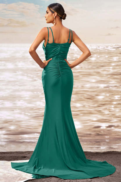 Dark Green Mermaid Square Neck Satin Maxi Prom Dress with Slit