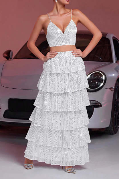 Sparkly White Sequin Two Piece Maxi Prom Dress with Ruffles