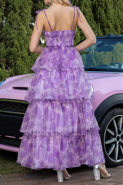 Floral Purple Tiered Cut Out High-Low Prom Dress with Ruffles