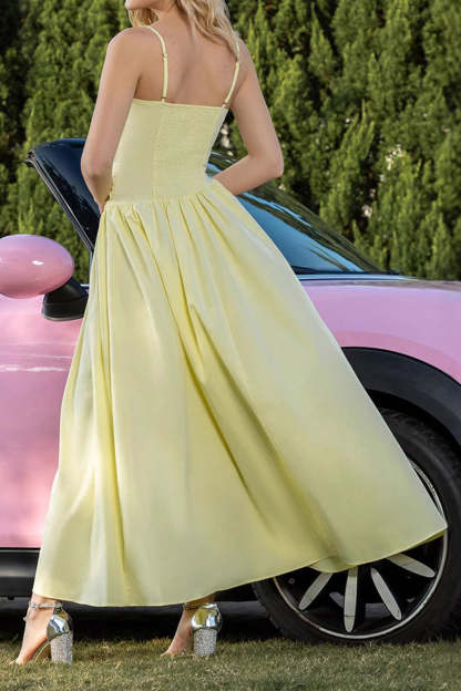 Yellow A Line Square Neck Ruched Asymmetrical Prom Dress