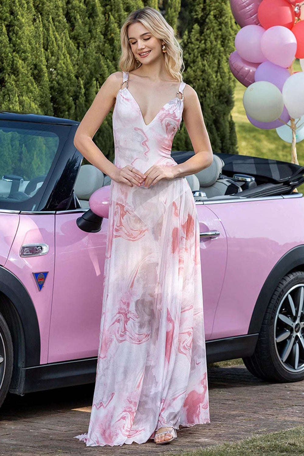 Blush Floral Print Sheath V-Neck Chiffon Backless Maxi Prom Dress