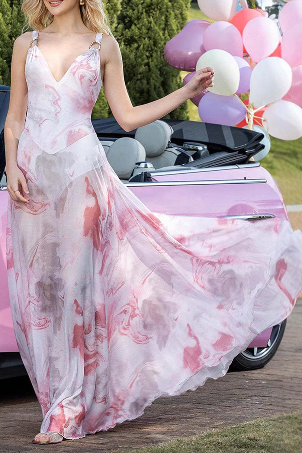 Blush Floral Print Sheath V-Neck Chiffon Backless Maxi Prom Dress