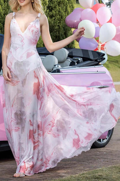 Blush Floral Print Sheath V-Neck Chiffon Backless Maxi Prom Dress