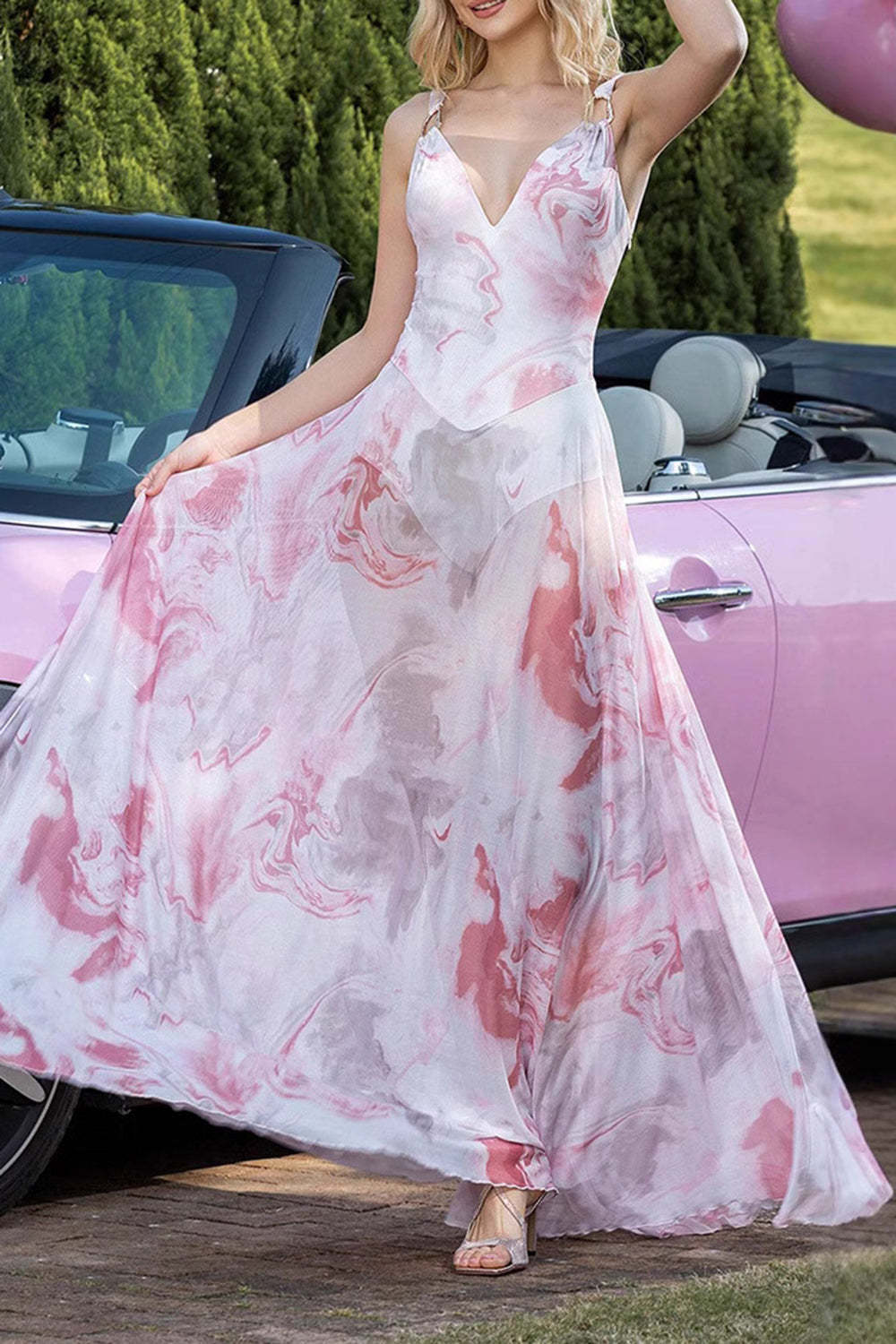 Blush Floral Print Sheath V-Neck Chiffon Backless Maxi Prom Dress