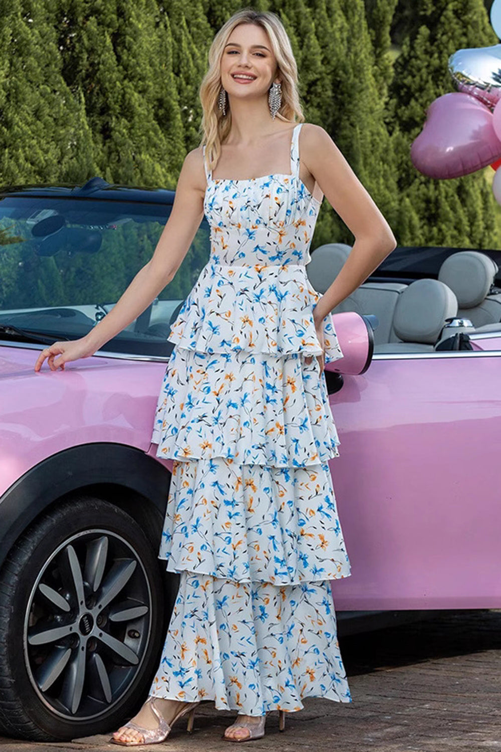 Leely Women Blue Tiered Print Floral Maxi Prom Dress with Bows Ruffled Cut Out A Line Summer Dress