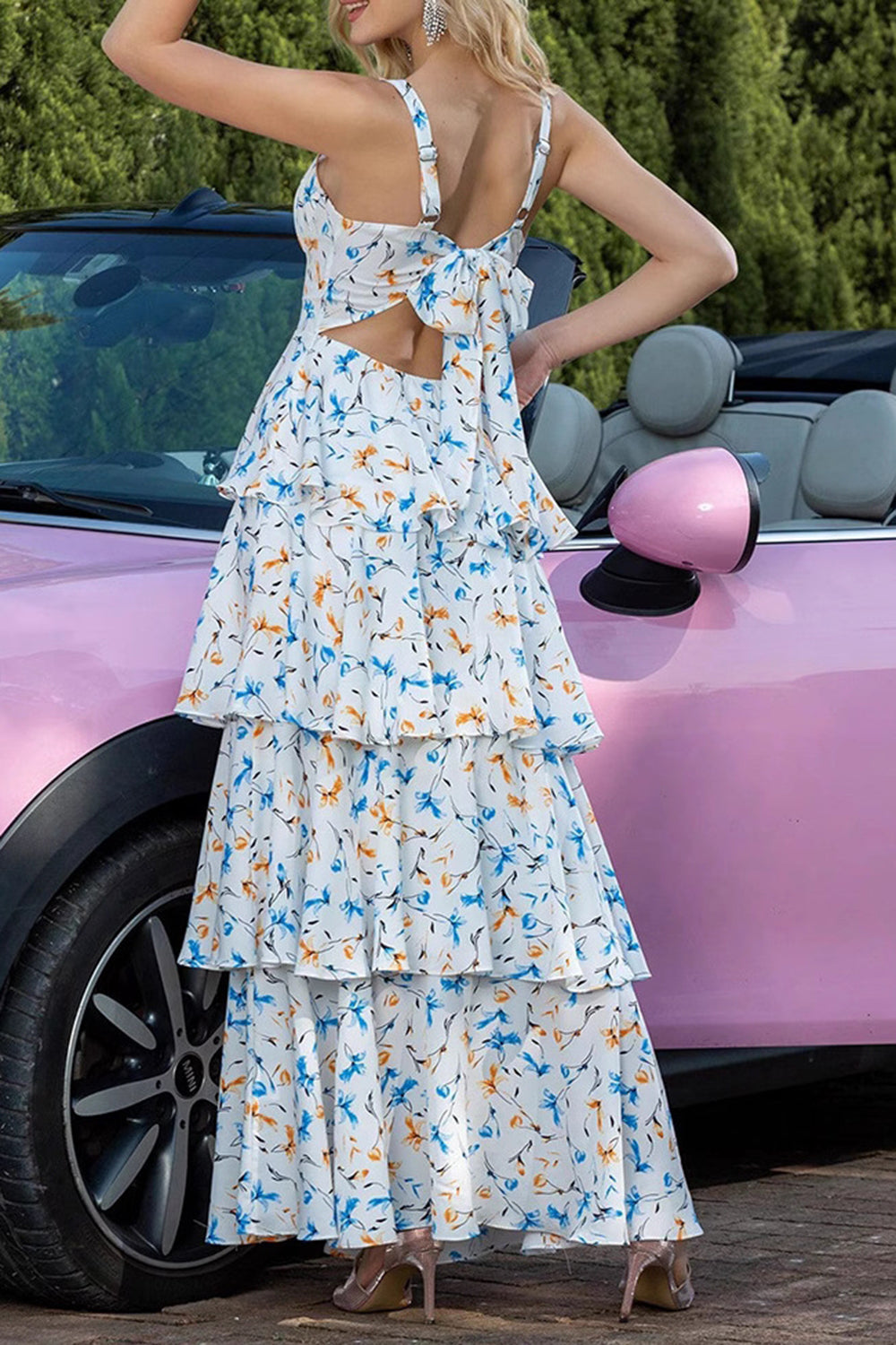 Blue Tiered Floral Print Ruffled Maxi Prom Dress with Bows