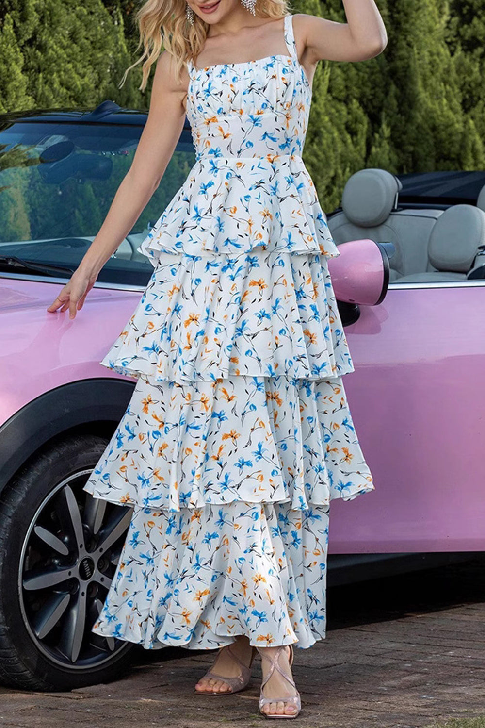 Blue Tiered Floral Print Ruffled Maxi Prom Dress with Bows
