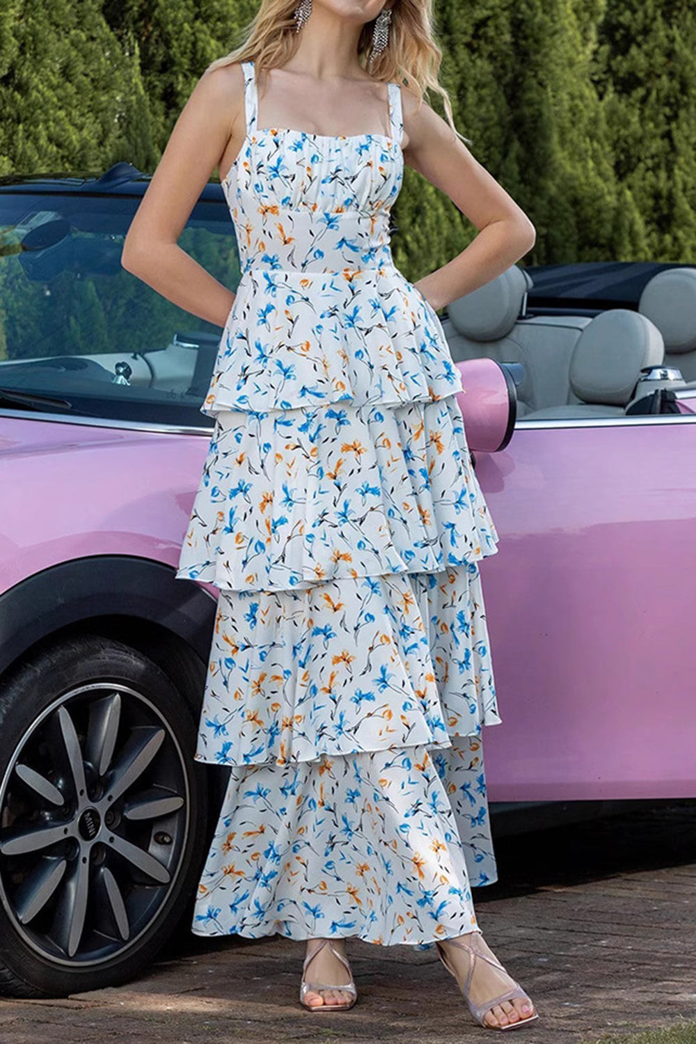 Blue Tiered Floral Print Ruffled Maxi Prom Dress with Bows