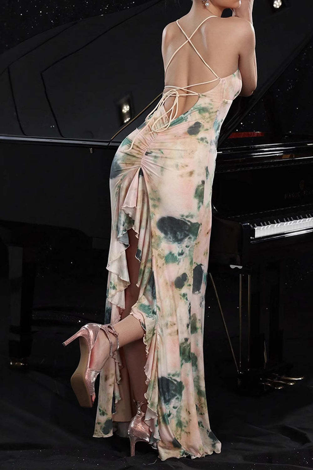 Blush Print Mermaid Maxi Prom Dress with Back Slit