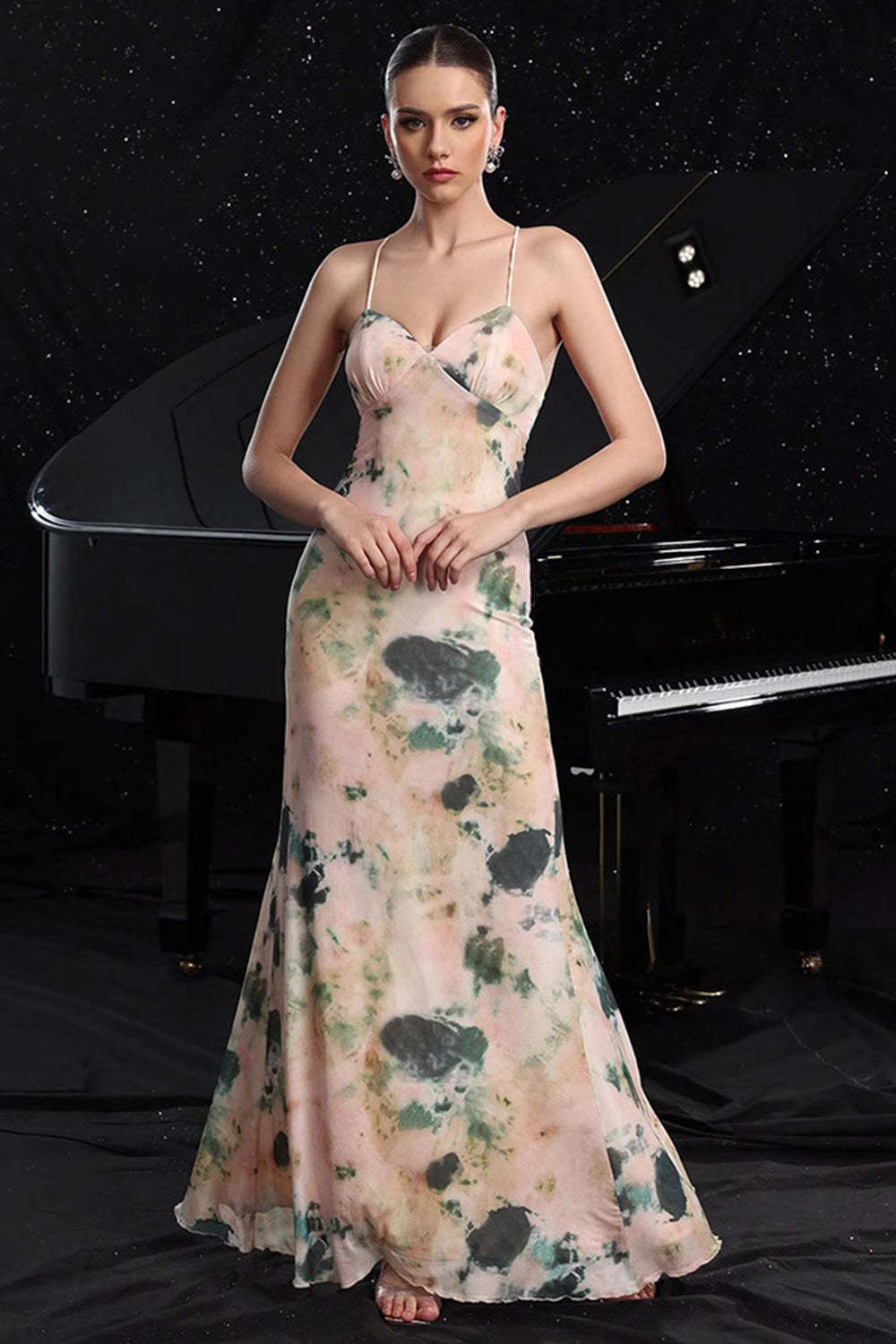 Blush Print Mermaid Maxi Prom Dress with Back Slit