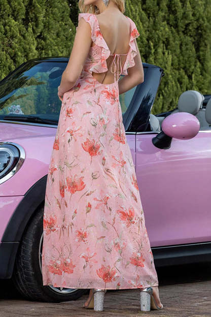 Blush Floral Print Sheath Maxi Prom Dress with String
