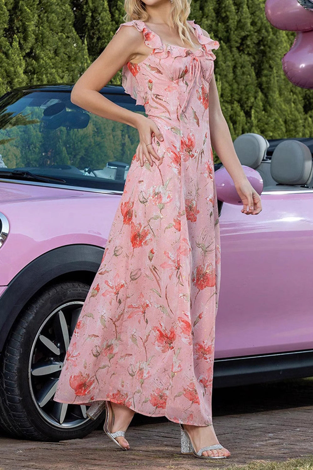Blush Floral Print Sheath Maxi Prom Dress with String