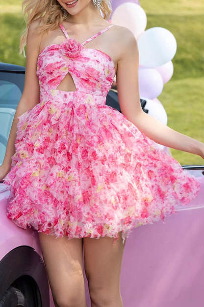 Fuchsia Floral Cut Out Mini Homecoming Dress with Ruffles