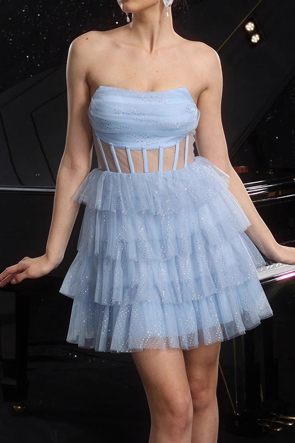 Sparkly Blue Corset Sequin Tiered Mini Homecoming Dress with Ruffles