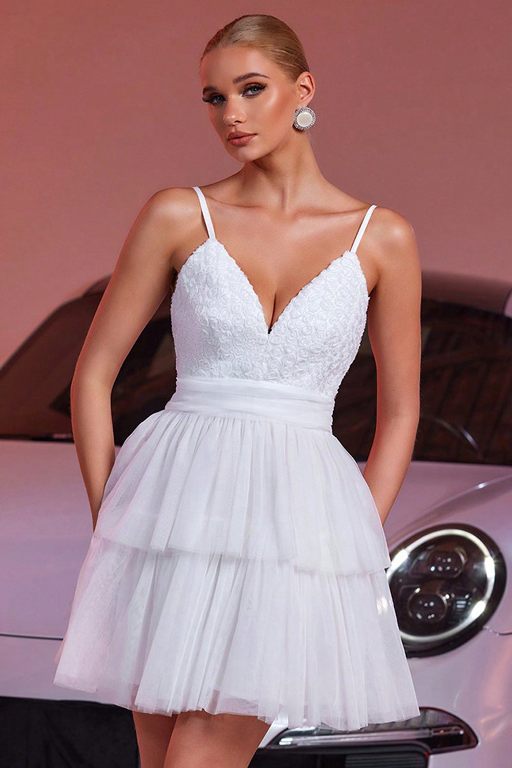 White Tulle Tiered A Line Mini Homecoming Dress with Ruffles