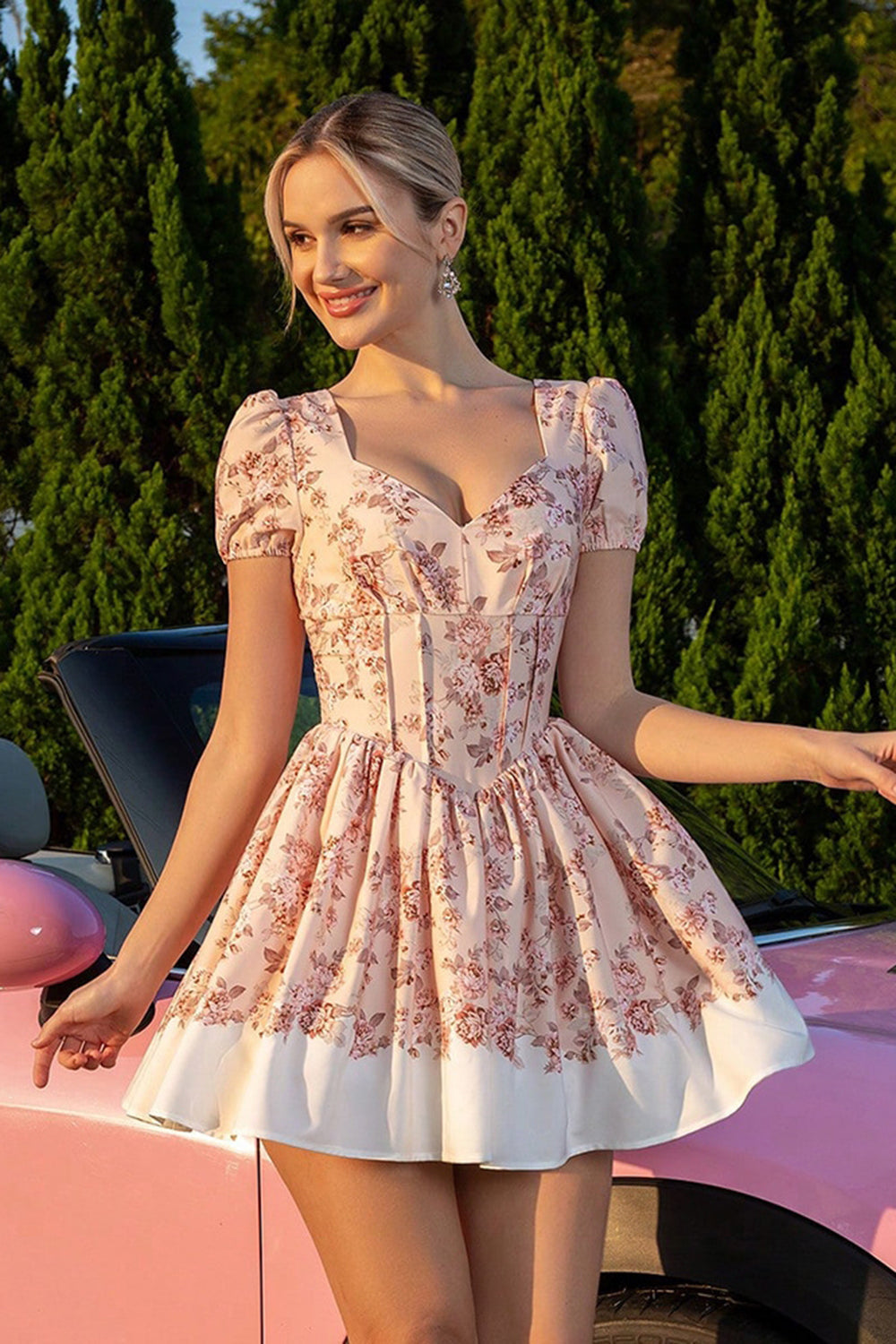 Blush A Line Floral Corset Mini Vintage Homecoming Dress with String