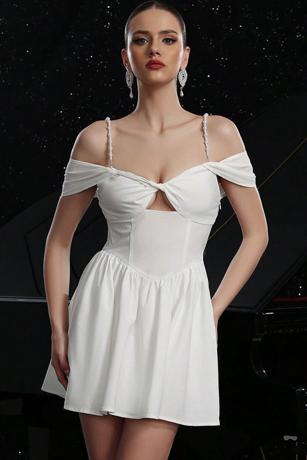 White A Line Satin Cold Shoulder Mini Homecoming Dress with Keyhole