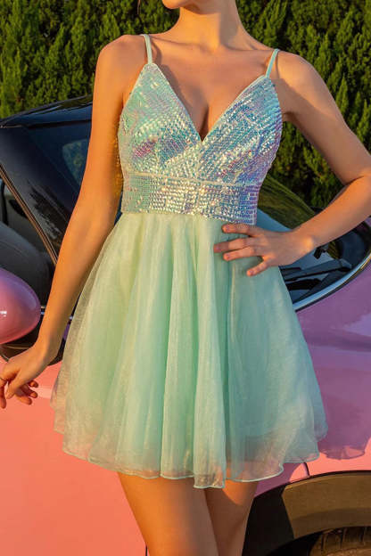 Sparkly Green A Line Tulle Mini Homecoming Dress with Sequins