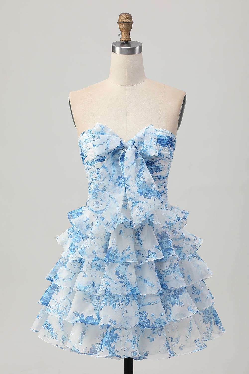 White and Blue Floral Ruffled Strapless Tiered Short Homecoming Dress with Bow