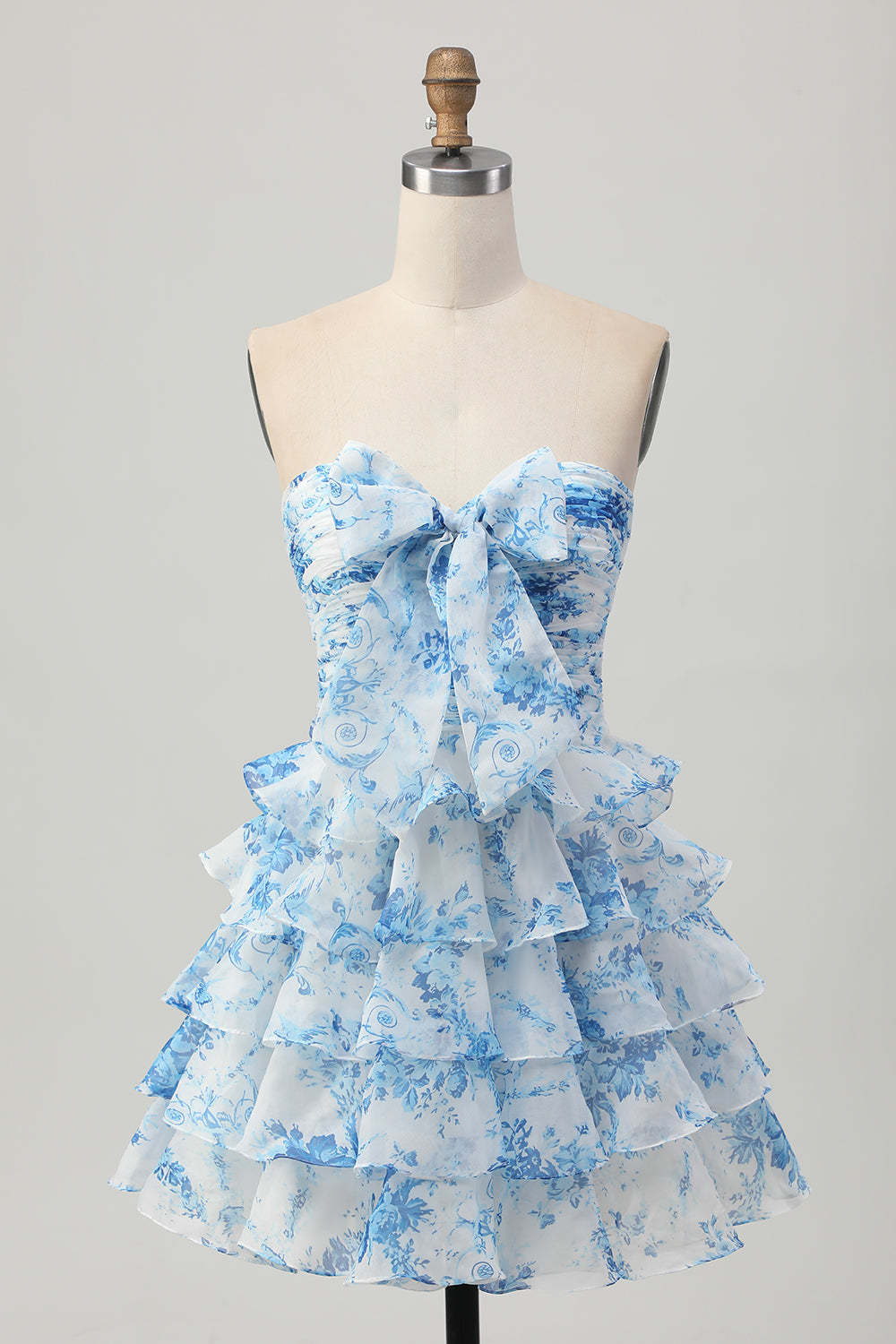 White and Blue Floral Ruffled Strapless Tiered Short Homecoming Dress with Bow