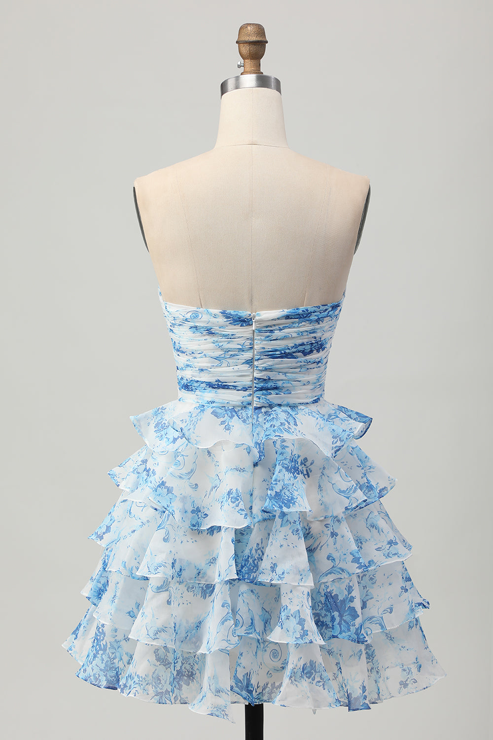 White and Blue Floral Ruffled Strapless Tiered Short Homecoming Dress with Bow