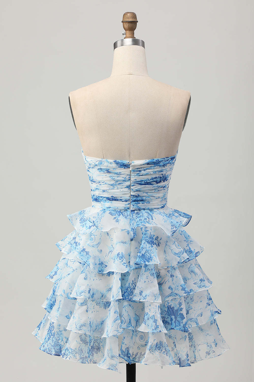 White and Blue Floral Ruffled Strapless Tiered Short Homecoming Dress with Bow