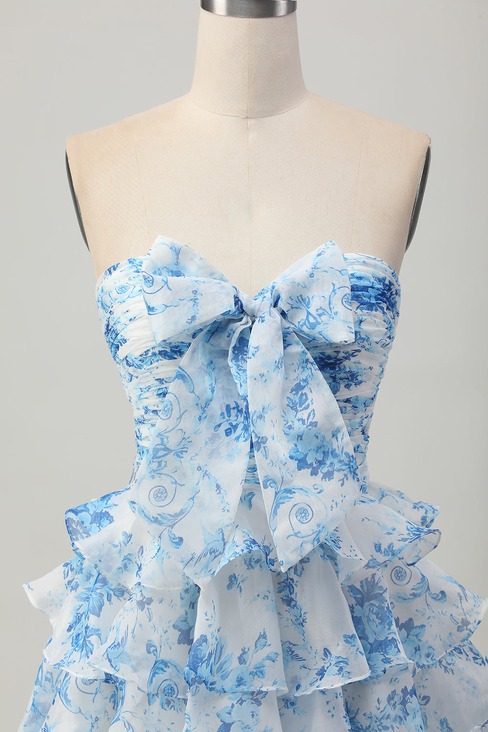 White and Blue Floral Ruffled Strapless Tiered Short Homecoming Dress with Bow