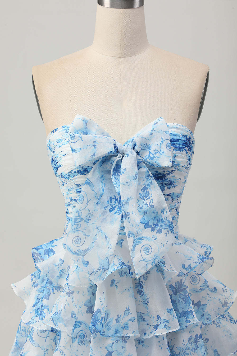 White and Blue Floral Ruffled Strapless Tiered Short Homecoming Dress with Bow