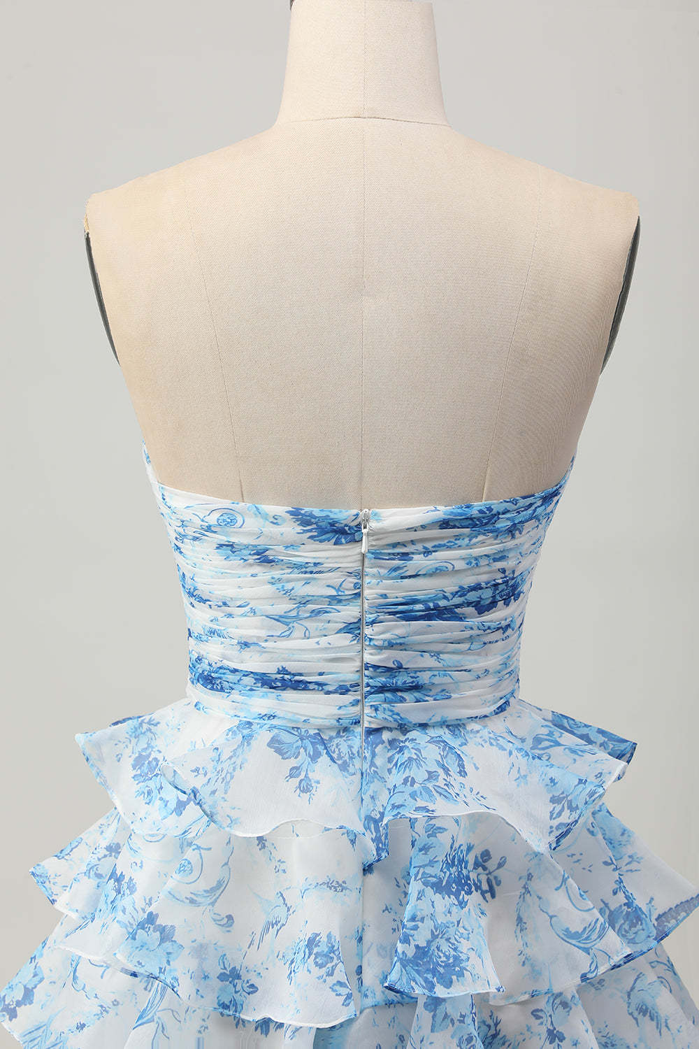 White and Blue Floral Ruffled Strapless Tiered Short Homecoming Dress with Bow