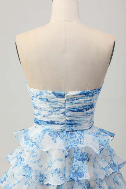 White and Blue Floral Ruffled Strapless Tiered Short Homecoming Dress with Bow
