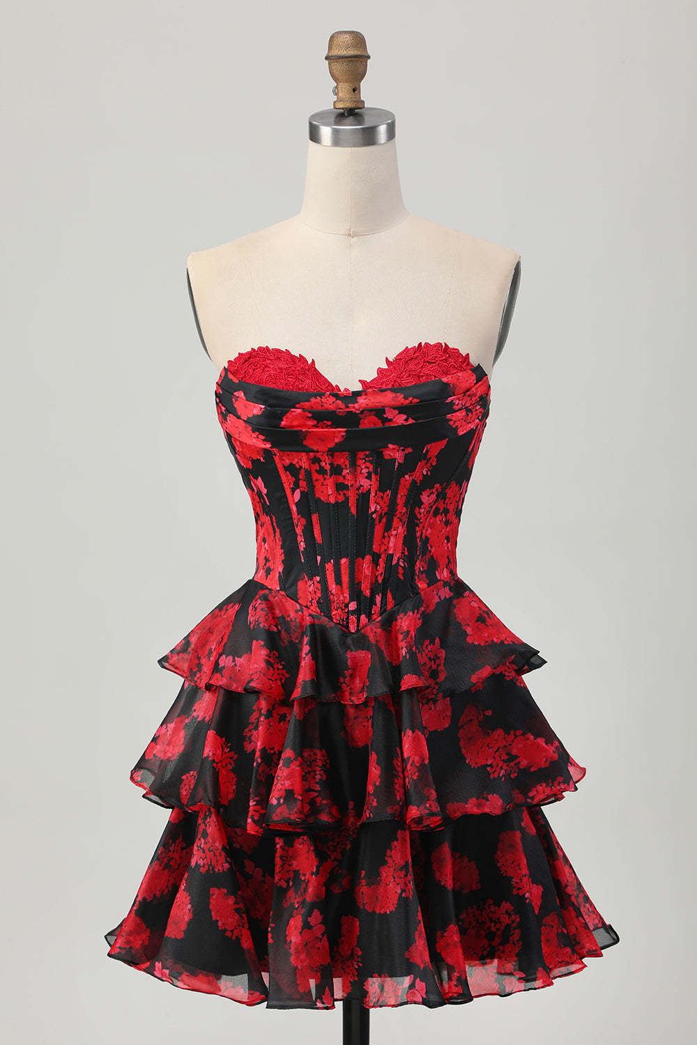 Leely Women Black and Red Floral Corset Short Homecoming Dress with Ruffles Sweetheart A Line Tiered Ruched Cocktail Dress with Appliques