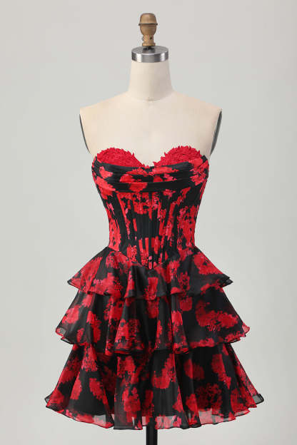 Leely Women Black and Red Floral Corset Short Homecoming Dress with Ruffles Sweetheart A Line Tiered Ruched Cocktail Dress with Appliques