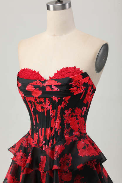 Black and Red Floral Corset Sweetheart Short Homecoming Dress with Ruffles