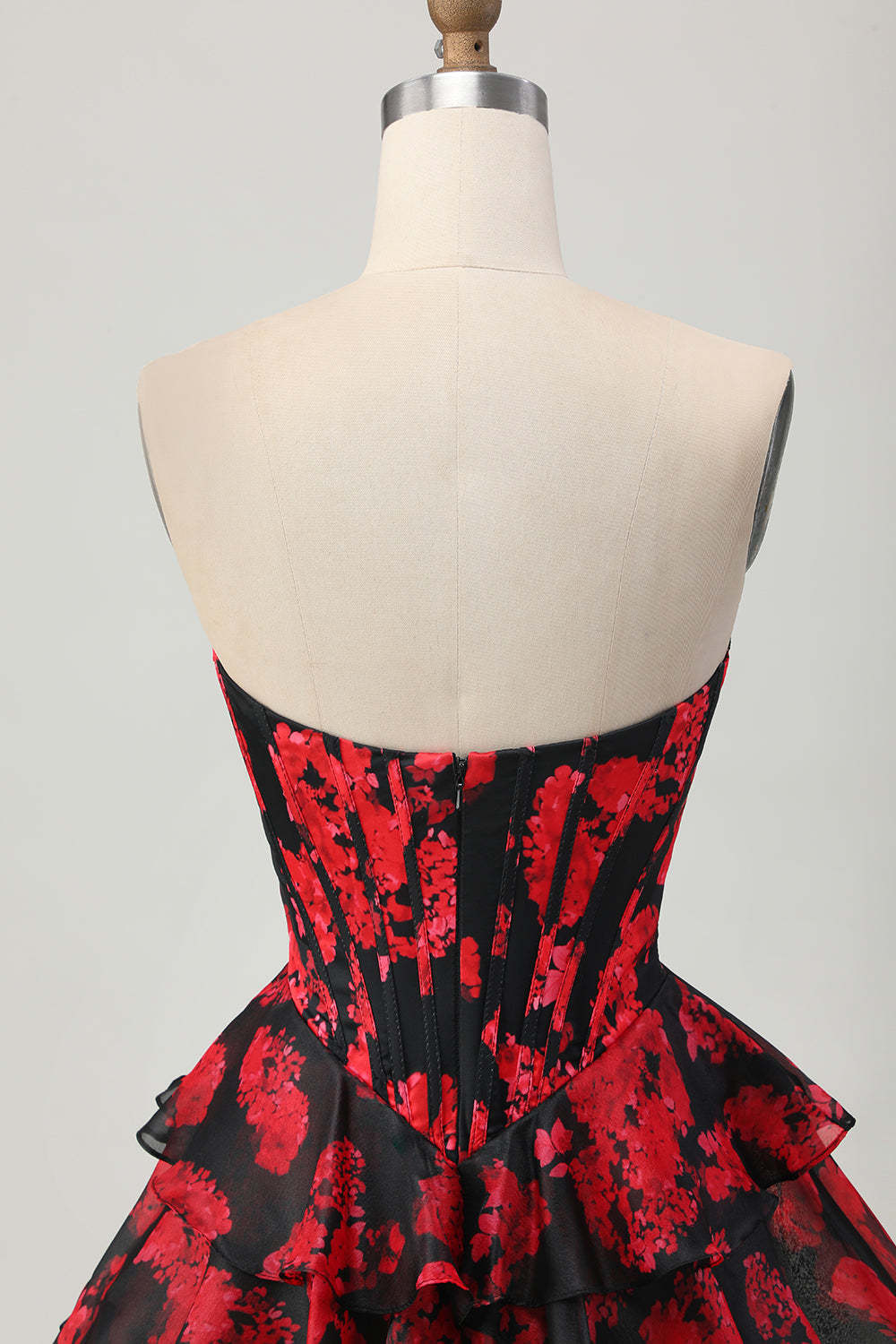 Black and Red Floral Corset Sweetheart Short Homecoming Dress with Ruffles