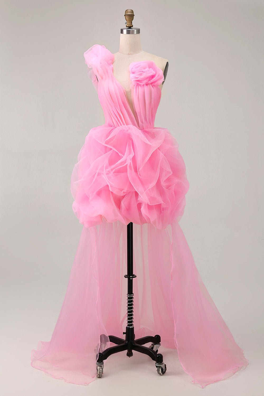 Leely Women Hot Pink High-Low Floral Ruffled Homecoming Dress Tulle One Shoulder Asymmetrical Cocktail Dress