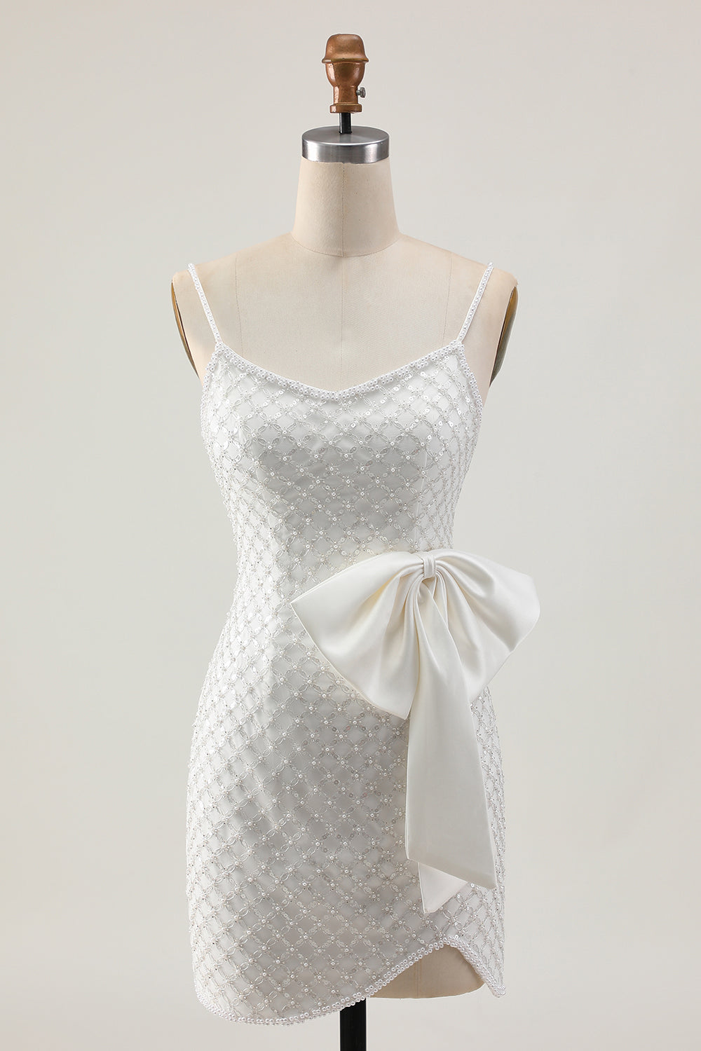 Leelysa Women White Pearls Short Tight Homecoming Dress with Bow Spaghetti Straps Backless Cocktail Dress