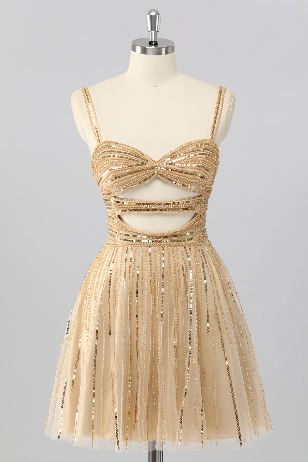Leely Women Sparkly Gold Short Homecoming Dress with Sequins A Line Cut Out Spaghetti Straps Cocktail Dress