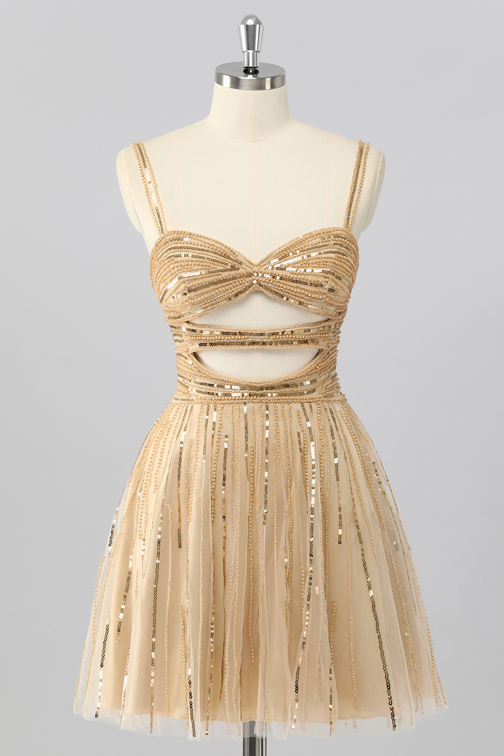 Leely Women Sparkly Gold Short Homecoming Dress with Sequins A Line Cut Out Spaghetti Straps Cocktail Dress