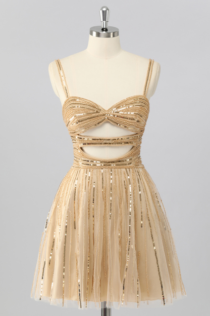 Leely Women Sparkly Gold Short Homecoming Dress with Sequins A Line Cut Out Spaghetti Straps Cocktail Dress