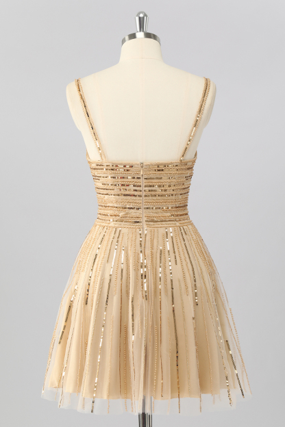 Sparkly Gold Cut Out A Line Short Homecoming Dress with Sequins