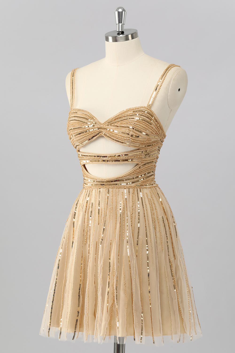 Sparkly Gold Cut Out A Line Short Homecoming Dress with Sequins