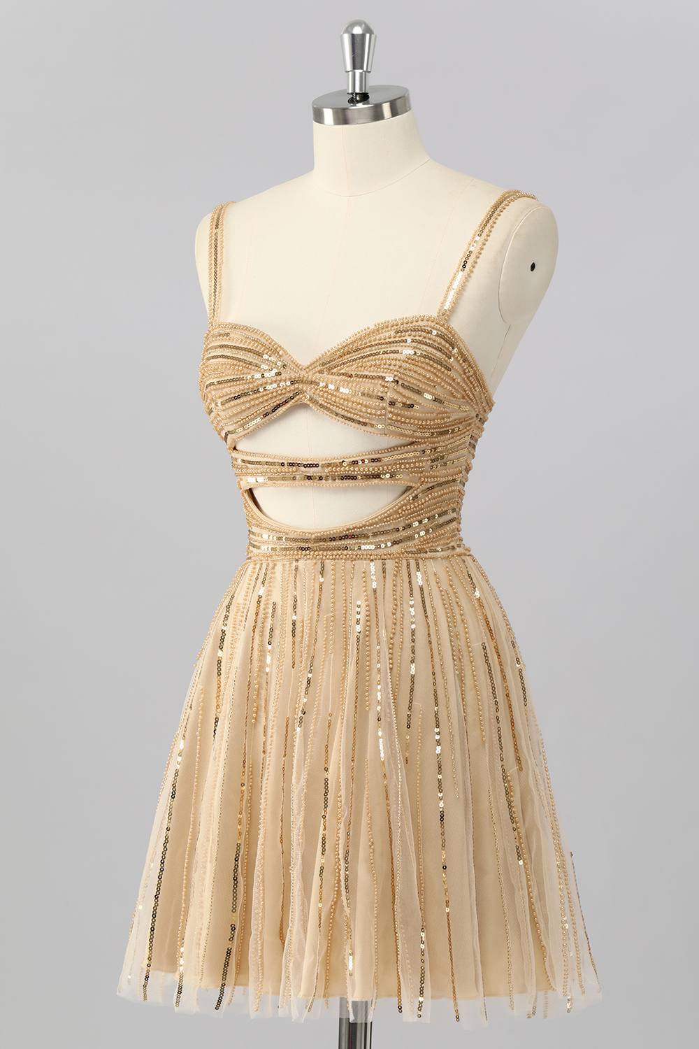 Sparkly Gold Cut Out A Line Short Homecoming Dress with Sequins