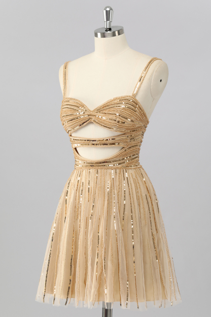 Sparkly Gold Cut Out A Line Short Homecoming Dress with Sequins